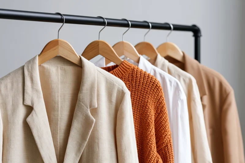 Women's clothing hanging on a black metal rack in a minimalist studio setting