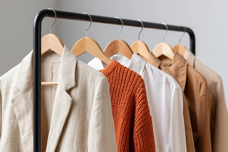 Women's clothing hanging on a black metal rack in a minimalist setting