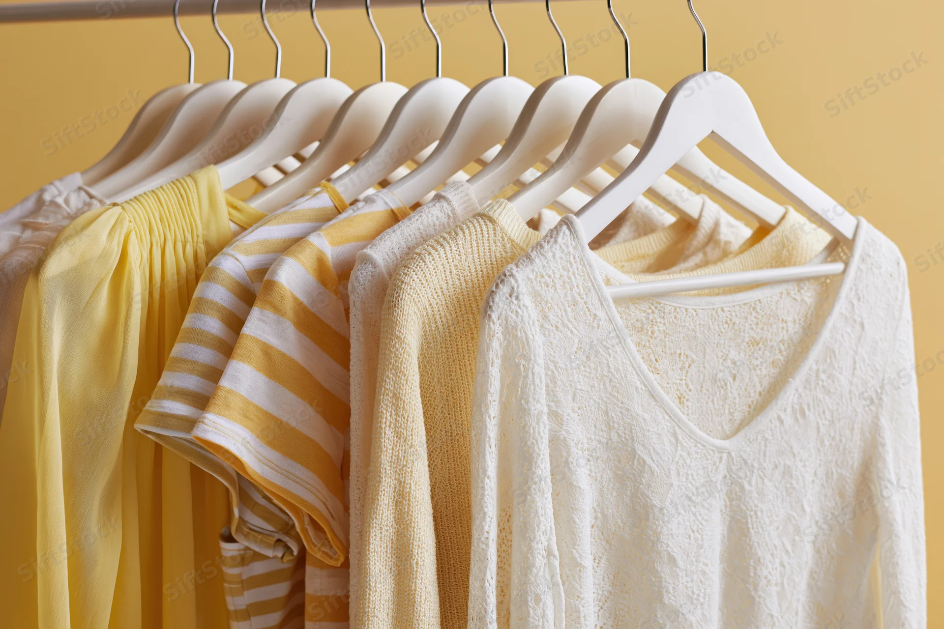 Row of women's summer clothes hanging on white hangers against yellow wall
