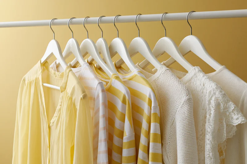 Women's summer clothing hanging on white hangers against yellow wall