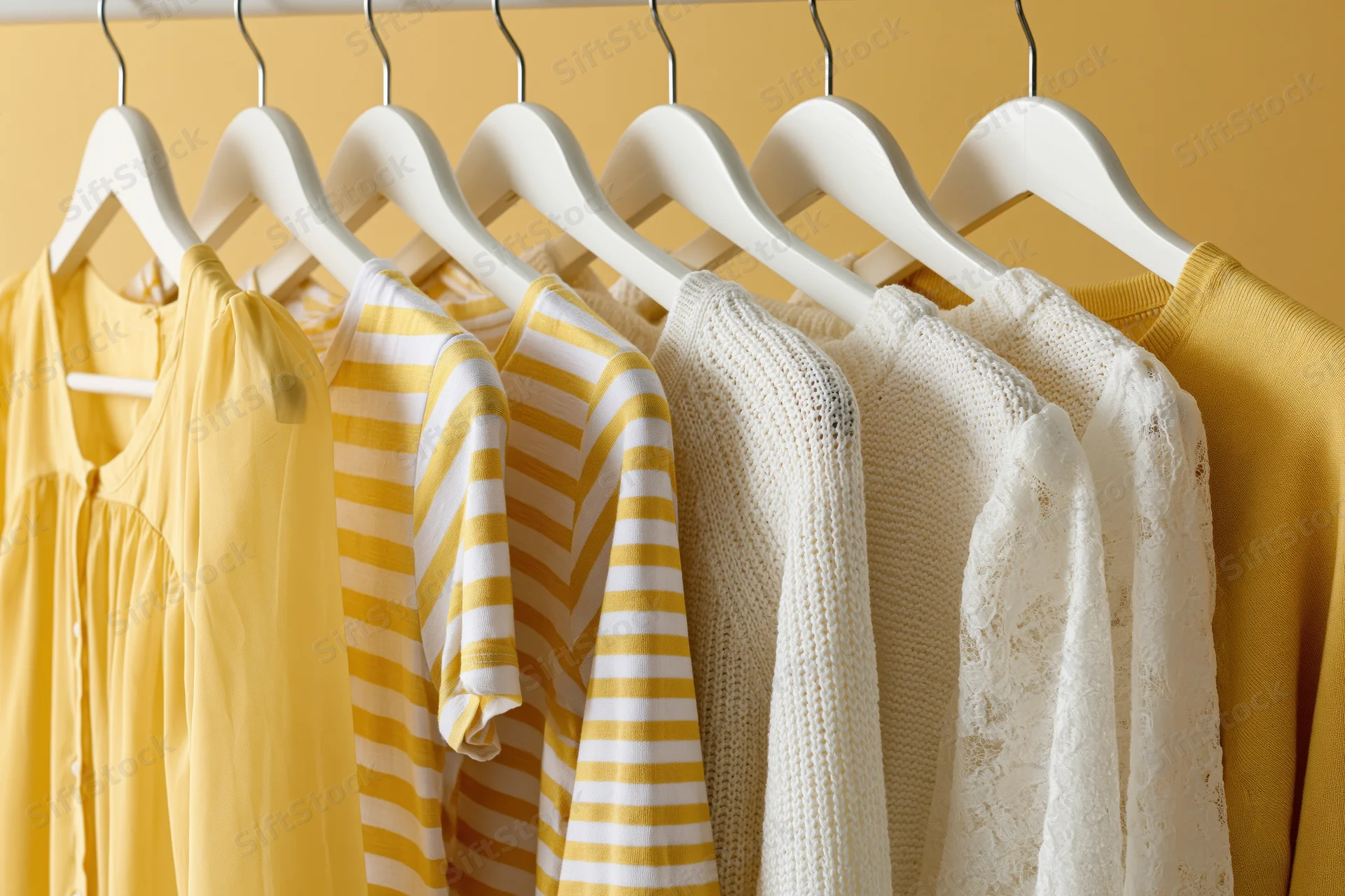 Row of women's summer clothes on white hangers against yellow wall