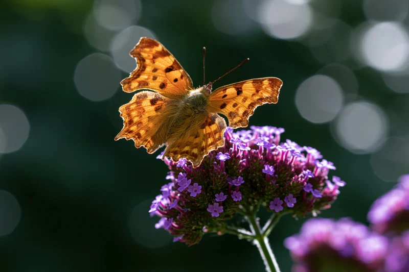 Comma butterfly perched on purple flower cluster in garden setting