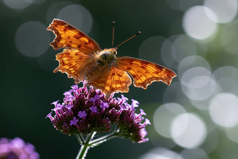 Comma butterfly perched on purple flower cluster in garden setting