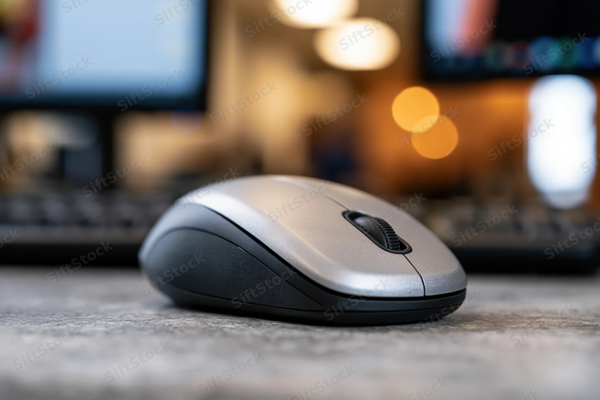 Silver and black wireless computer mouse on a grey desk surface in an office workspace