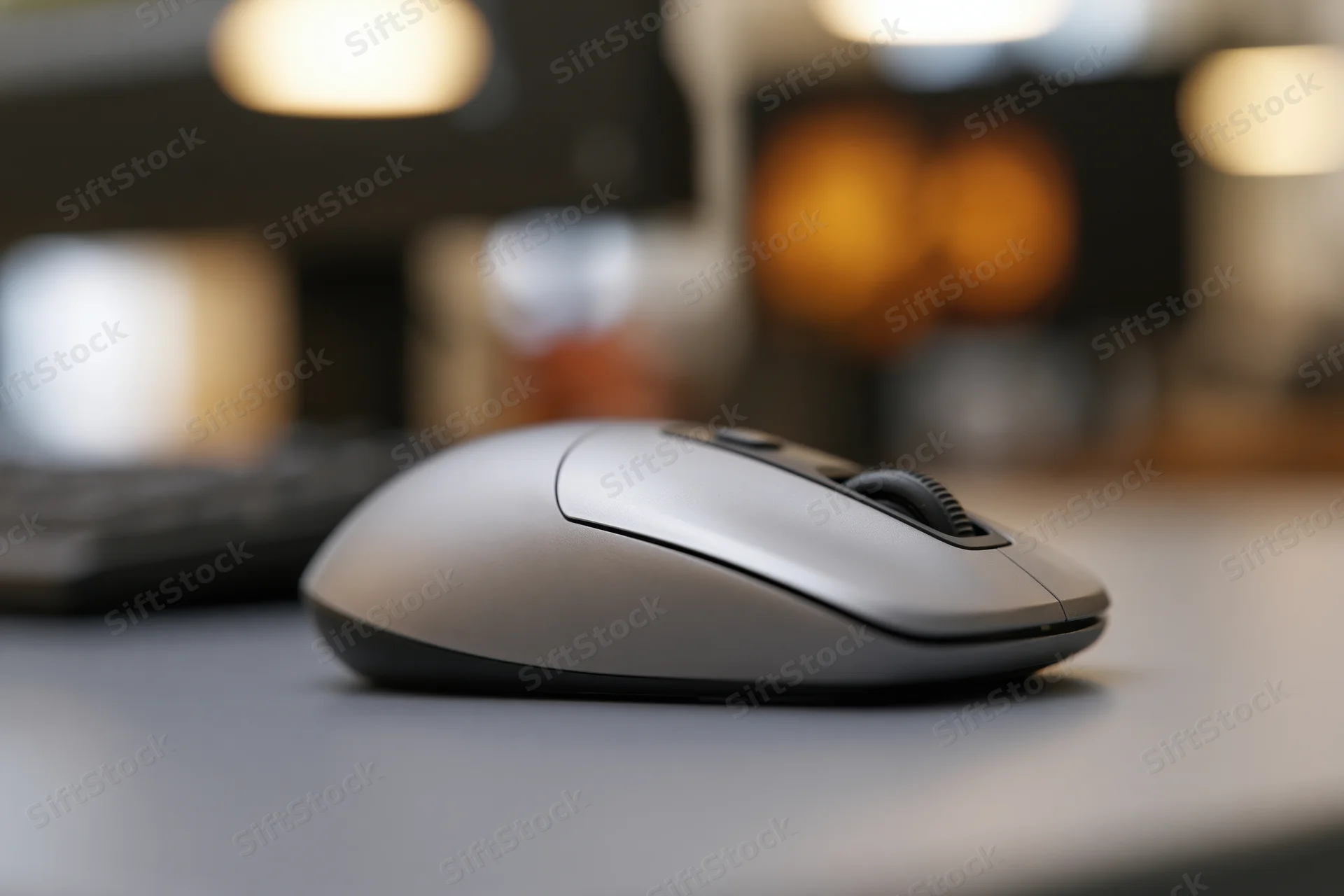 Silver and black wireless computer mouse resting on a grey desk surface