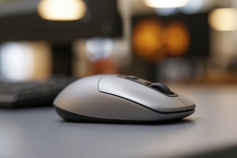 Silver and black wireless computer mouse resting on a grey desk surface
