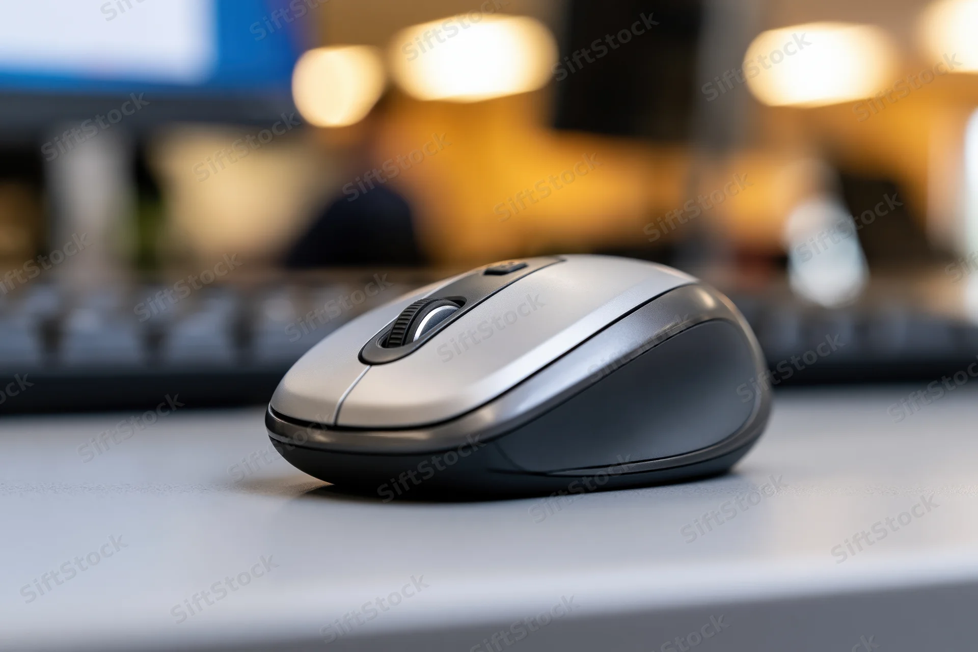 Silver and black wireless computer mouse resting on a grey desk with keyboard and monitor in background