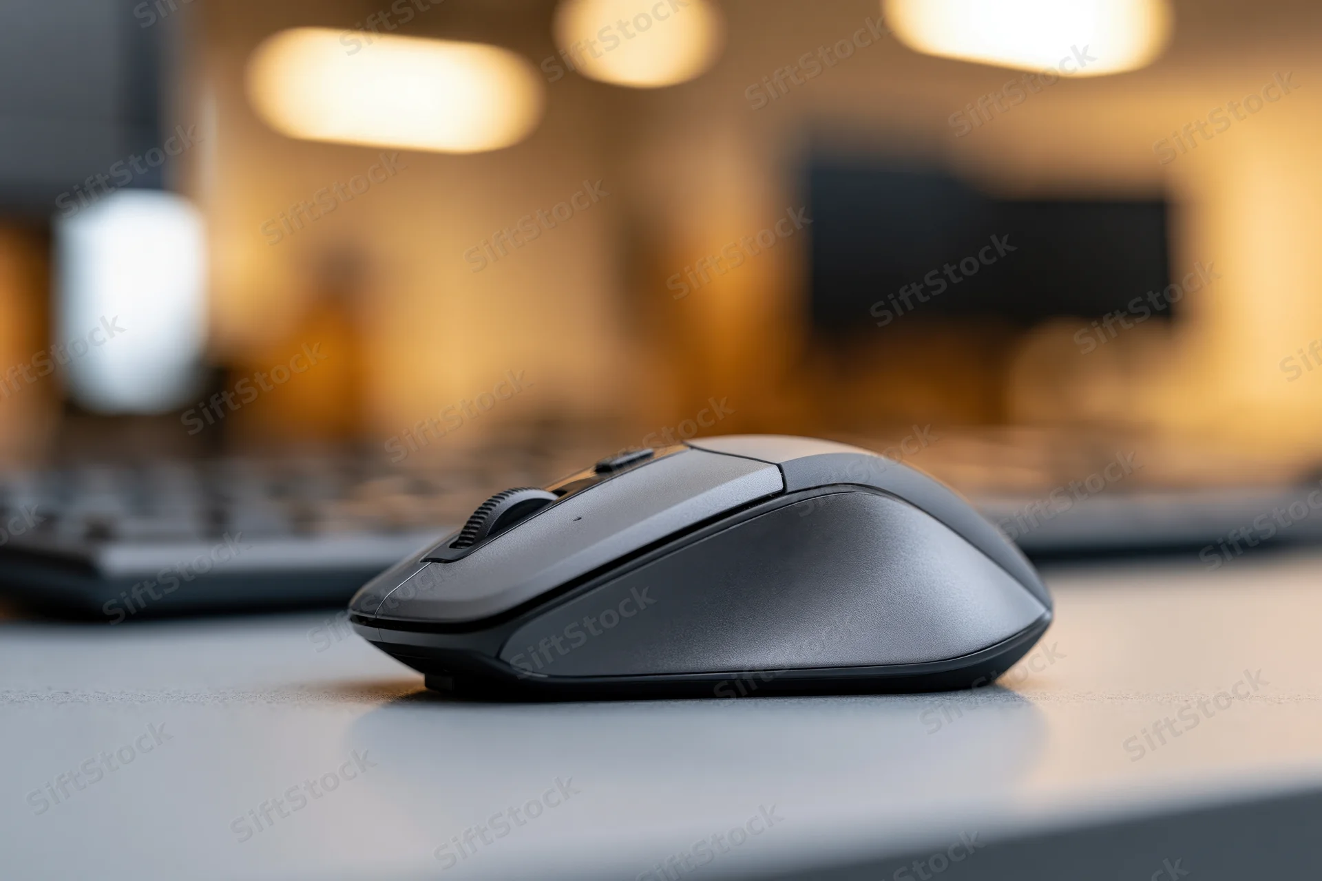 Wireless computer mouse resting on a grey desk with keyboard and blurred office lights in background