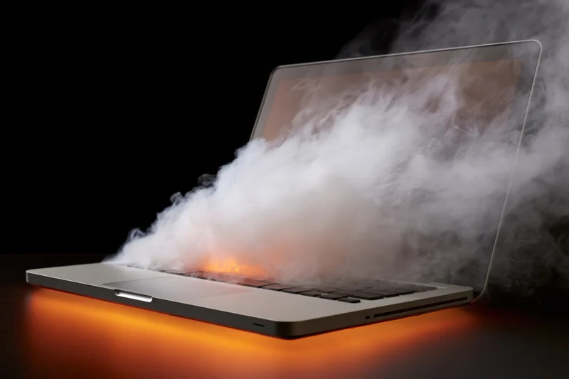 Silver laptop emitting thick white smoke from screen and keyboard with orange glow underneath on dark surface