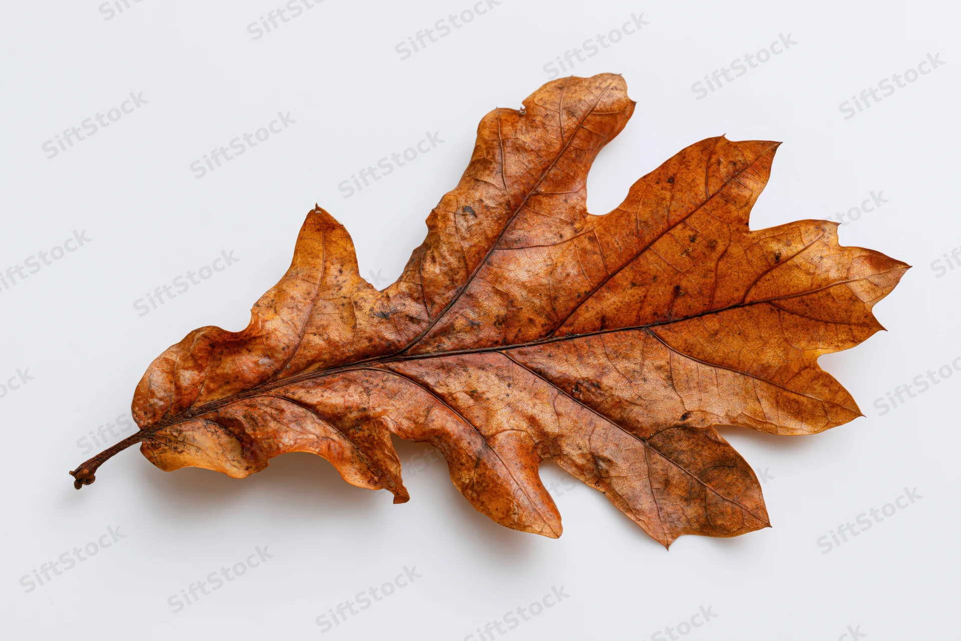 Dried oak leaf lying flat on white surface