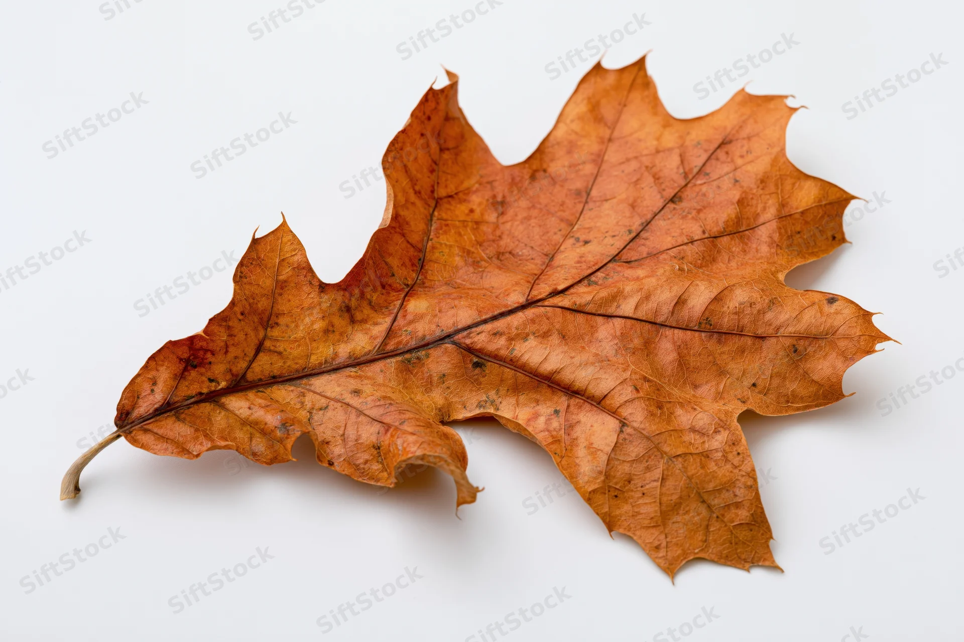 Dried oak leaf lying flat on white surface