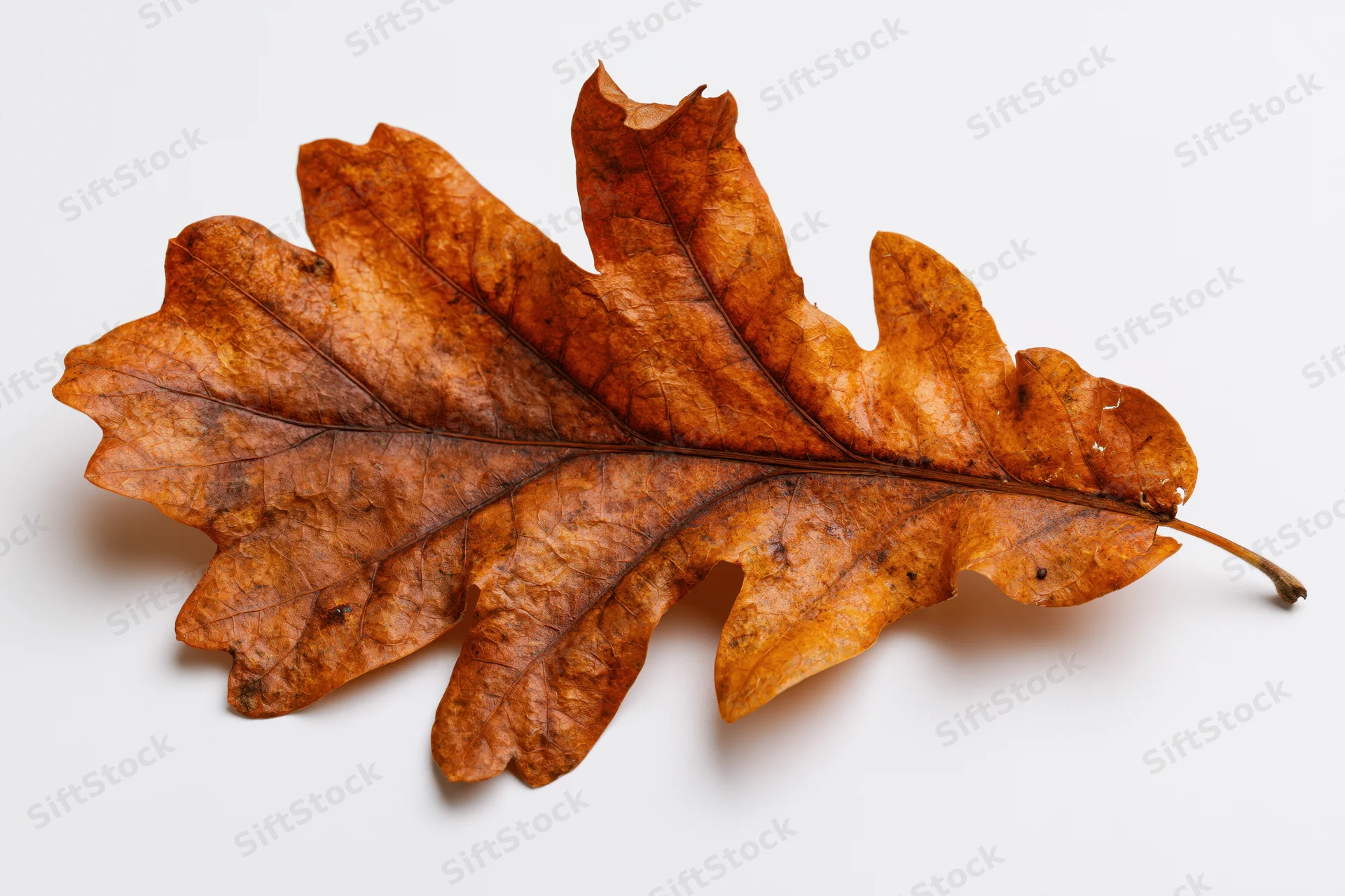 Dried oak leaf lying flat on white background