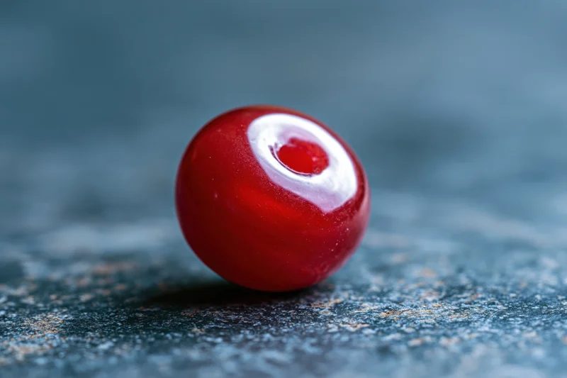 Glossy red donut-shaped bead resting on dark textured surface