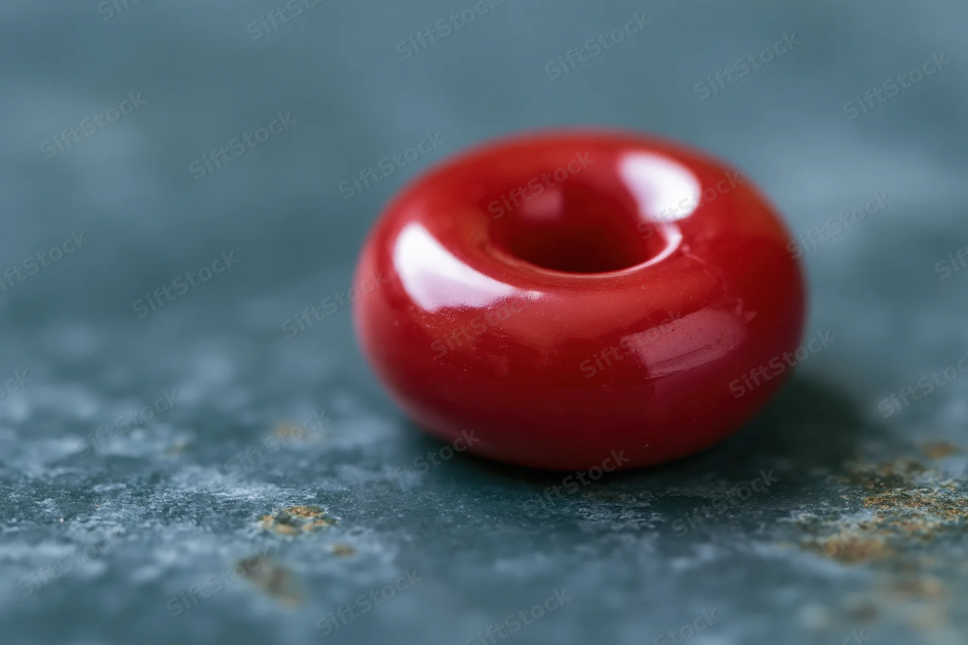 Glossy red donut-shaped bead resting on dark textured surface