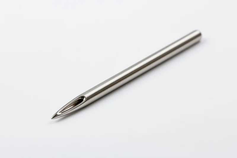 Steel sewing needle lying diagonally on white background