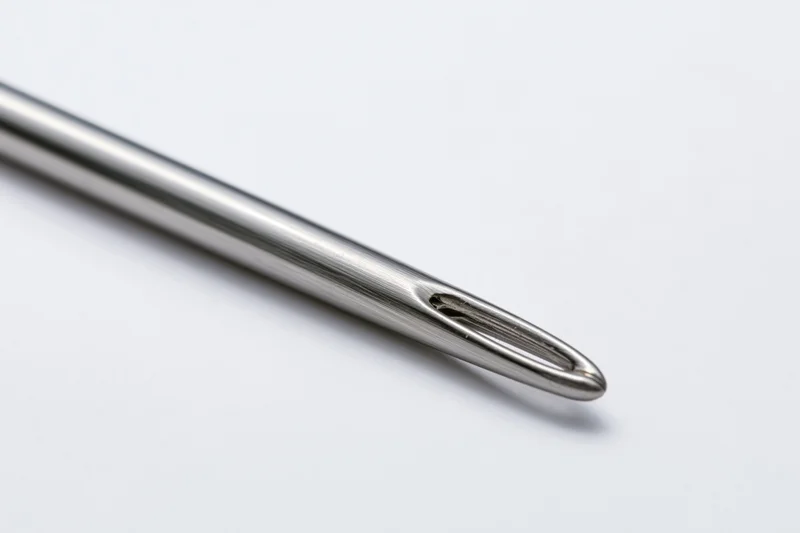 Steel sewing needle lying diagonally on white surface