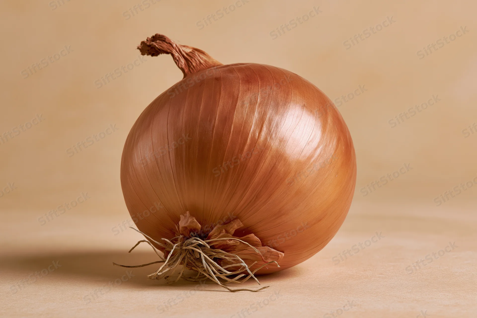 Whole yellow onion resting on a flat surface with soft lighting and copyspace