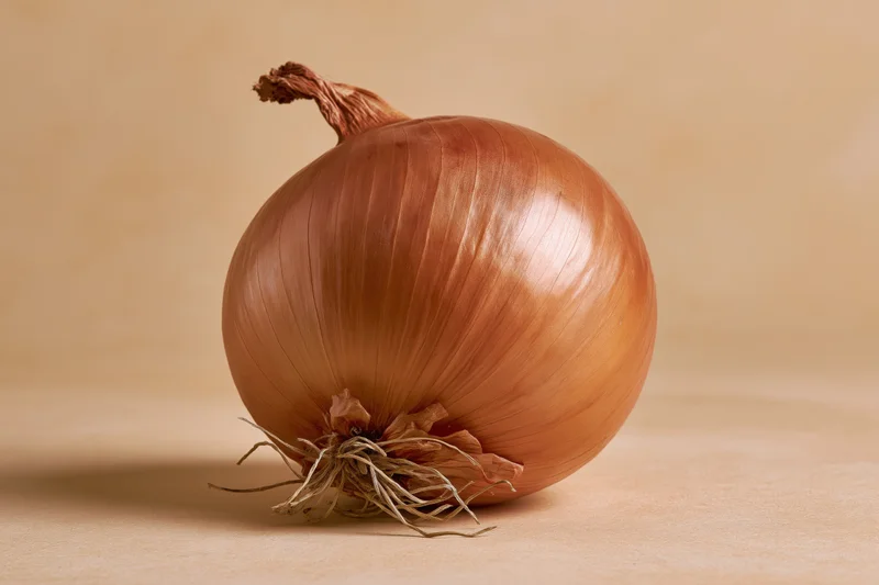 Whole yellow onion resting on a flat surface with soft lighting and copyspace