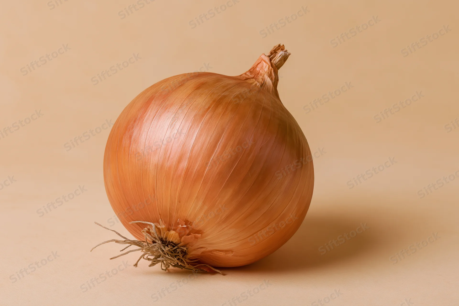 Whole yellow onion resting on a flat beige surface in studio lighting