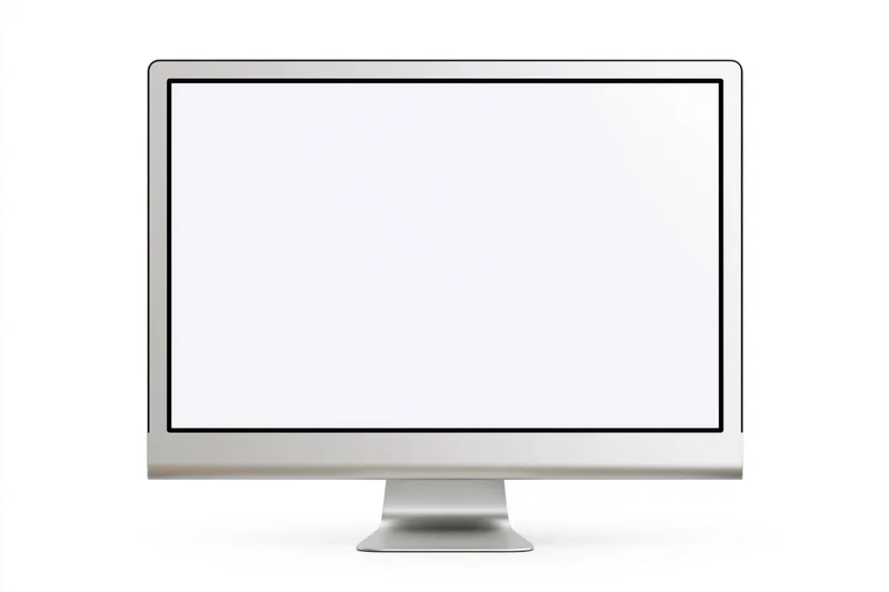 Slim all-in-one desktop computer monitor with blank white screen on white background