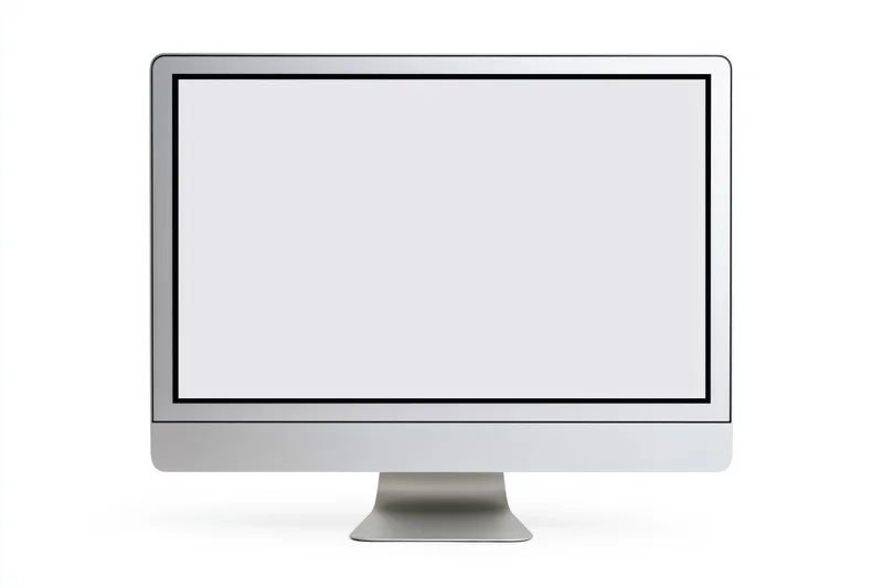 Slim all-in-one desktop computer monitor with blank white screen on white background