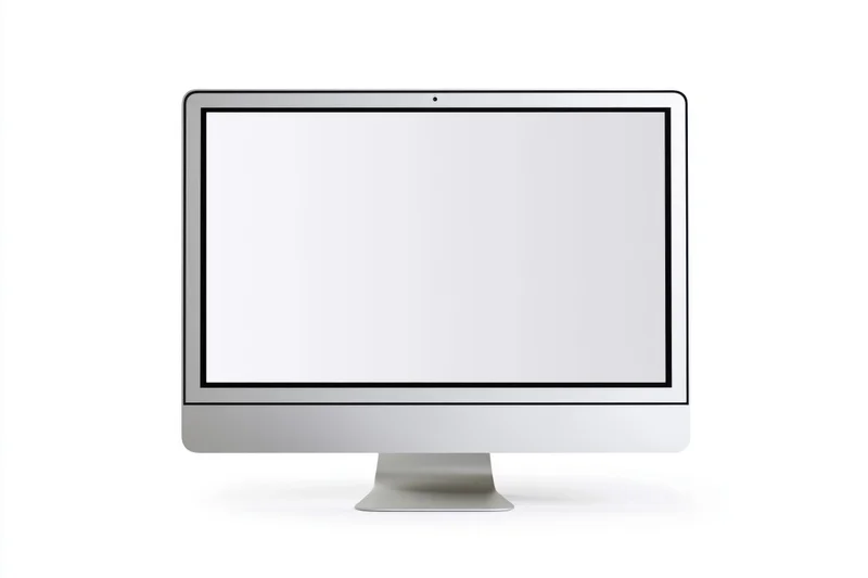 Slim all-in-one desktop computer monitor with blank white screen on white background