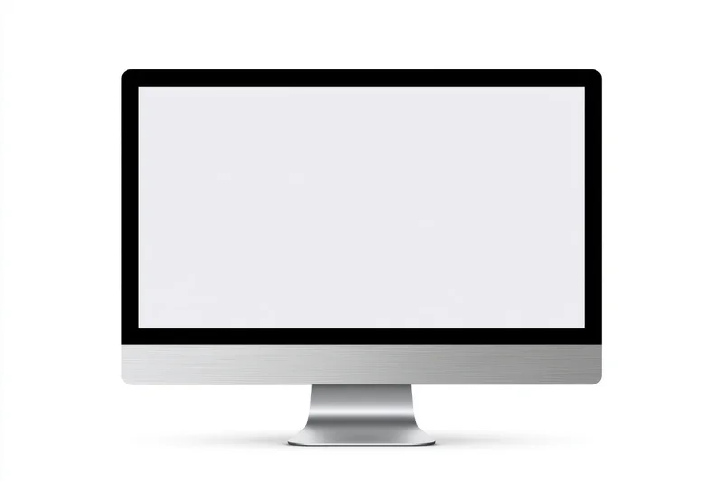 Slim desktop computer monitor with blank white screen on white background