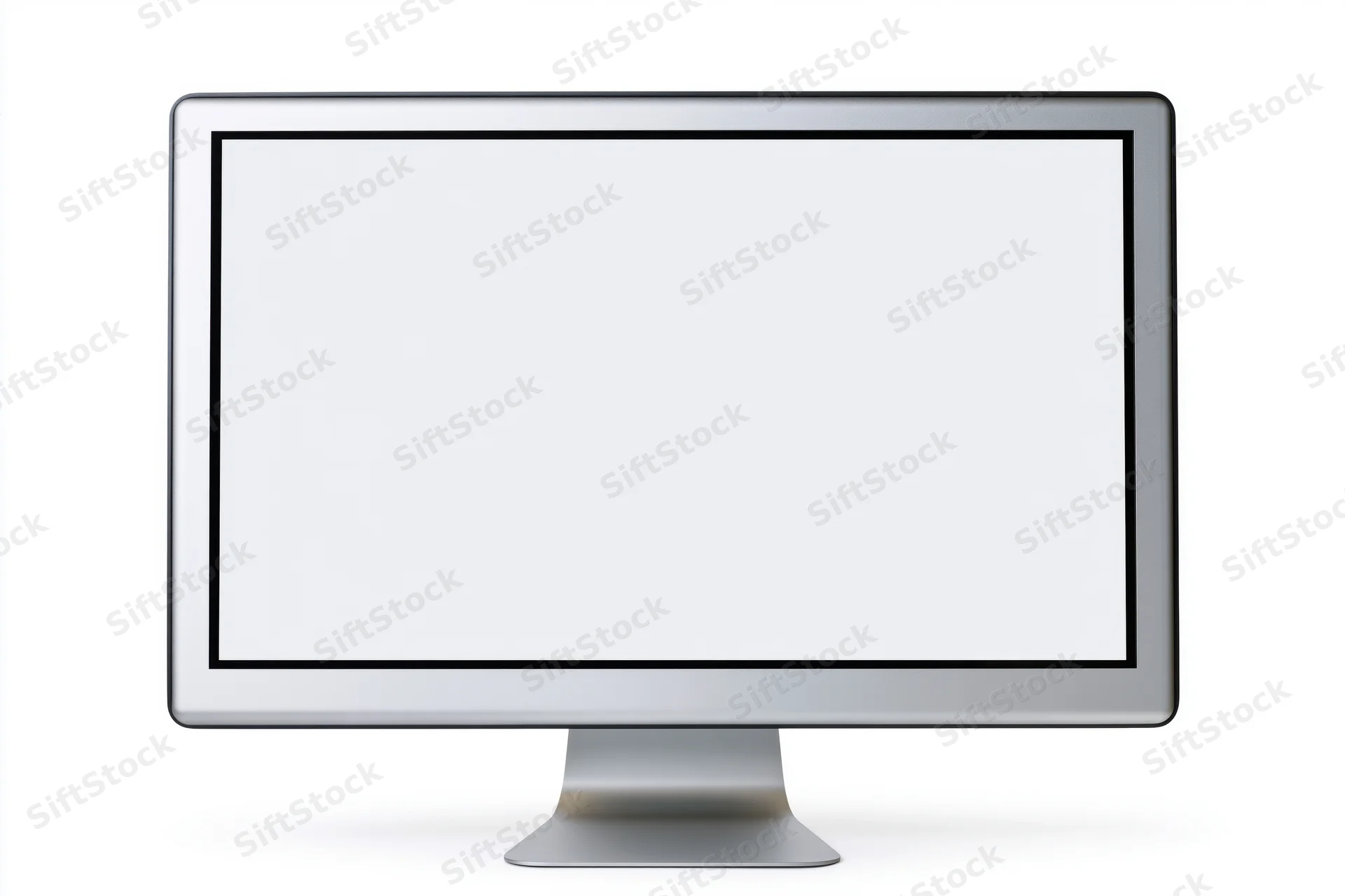 Slim desktop computer monitor with blank white screen on white background