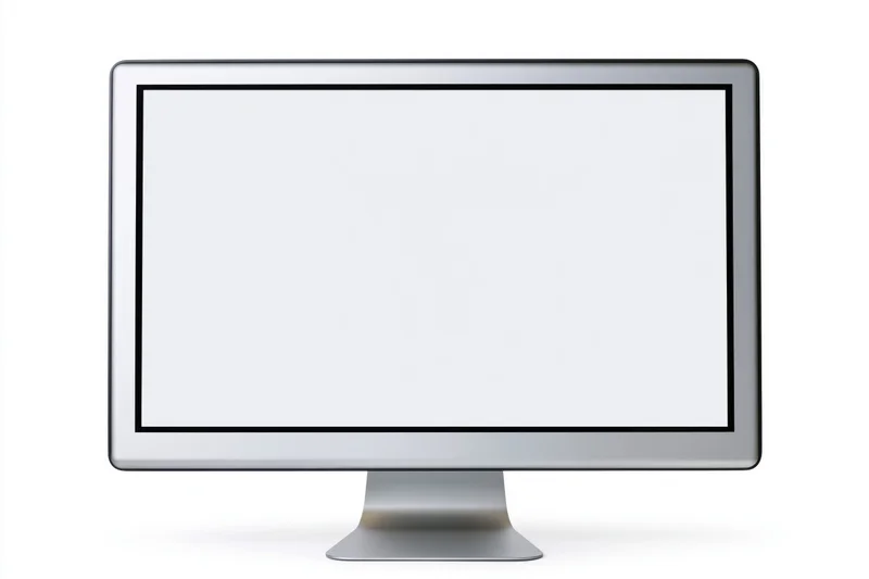 Slim desktop computer monitor with blank white screen on white background