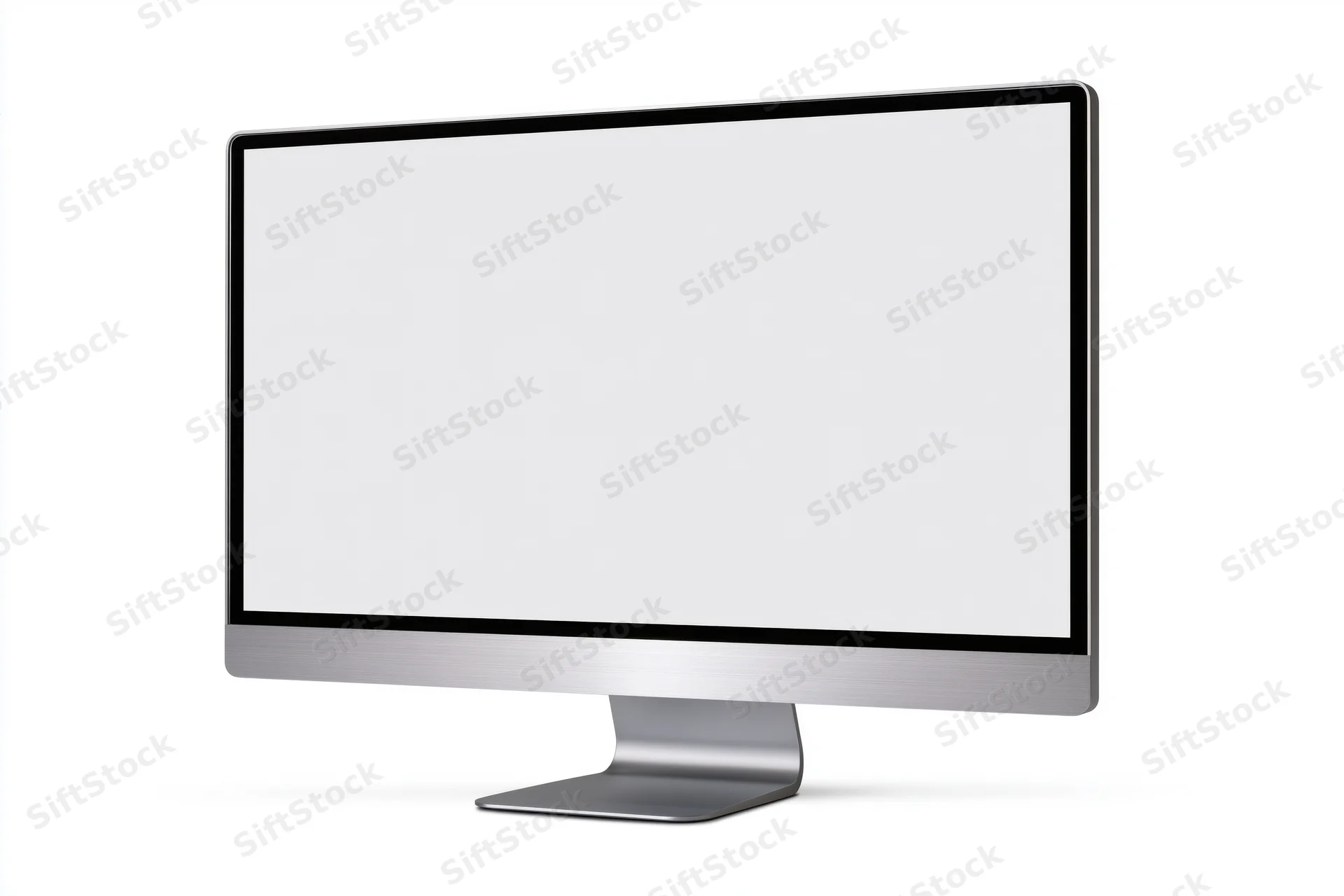 Slim desktop computer monitor with blank white screen on white background