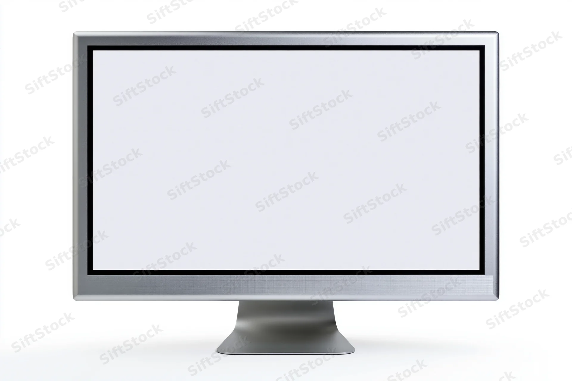 Slim desktop computer monitor with blank white screen on white background