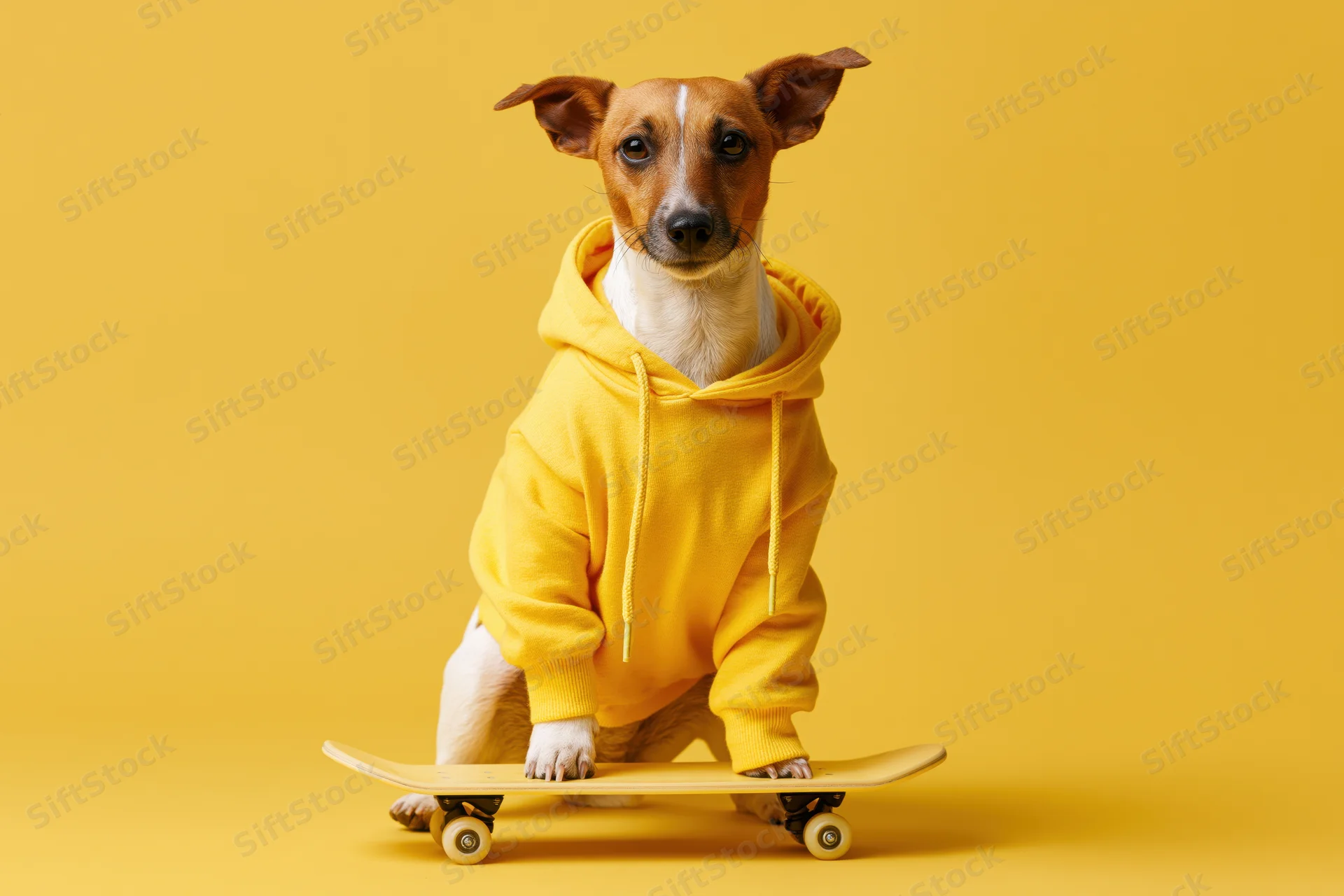Jack russell terrier in yellow hoodie sitting on skateboard against yellow background