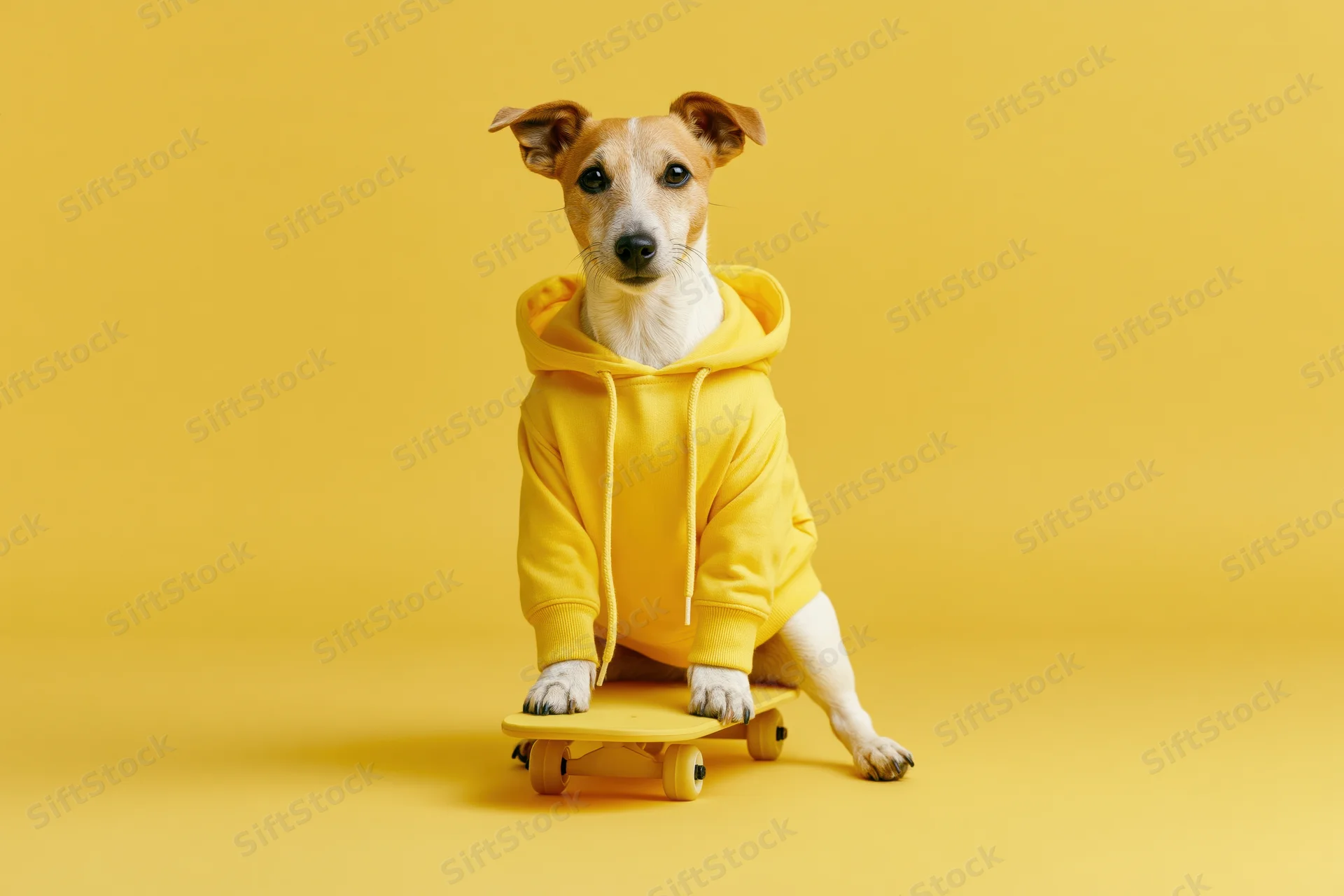 Jack russell terrier in yellow hoodie sitting on skateboard against yellow background