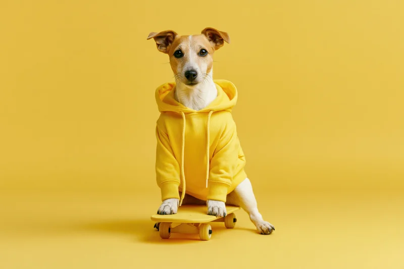 Jack russell terrier in yellow hoodie sitting on skateboard against yellow background