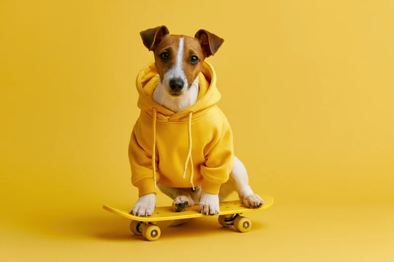 Jack russell terrier in yellow hoodie sitting on skateboard against yellow background