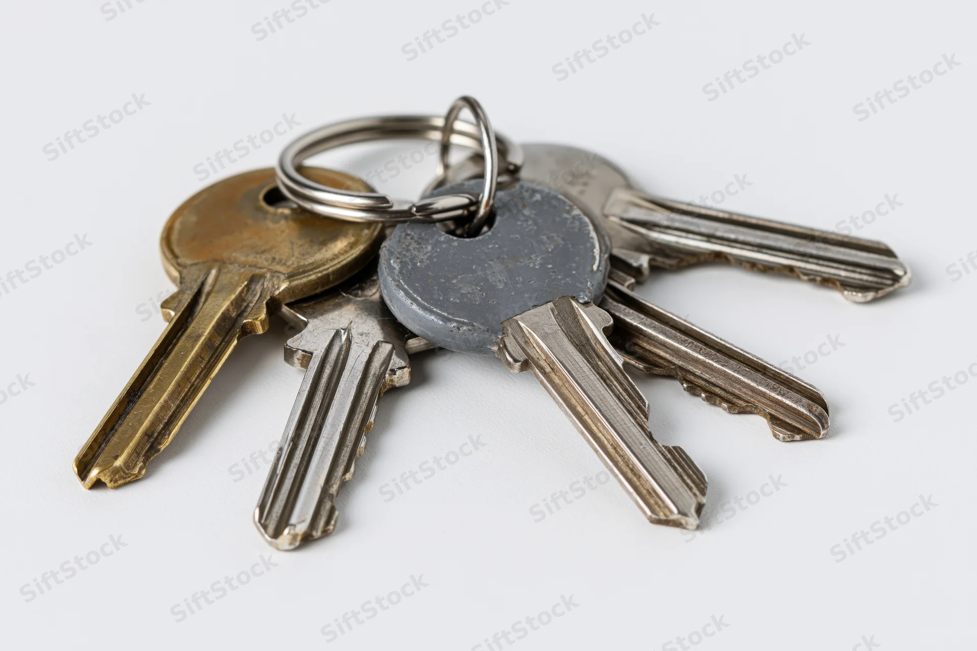 Four assorted keys fanned on a metal split ring against white background