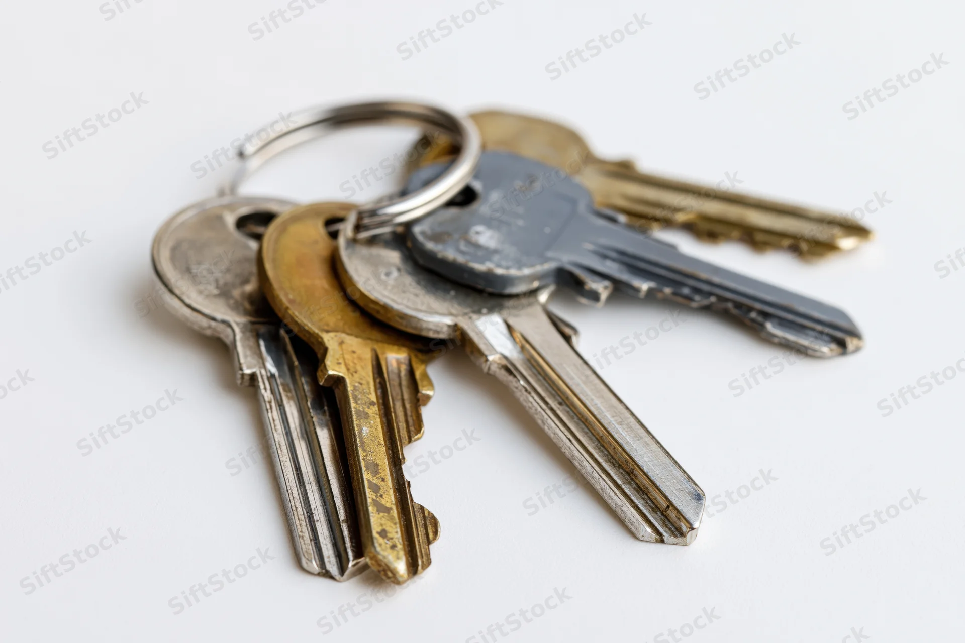 Four assorted keys on a metal split ring fanned out on a white surface