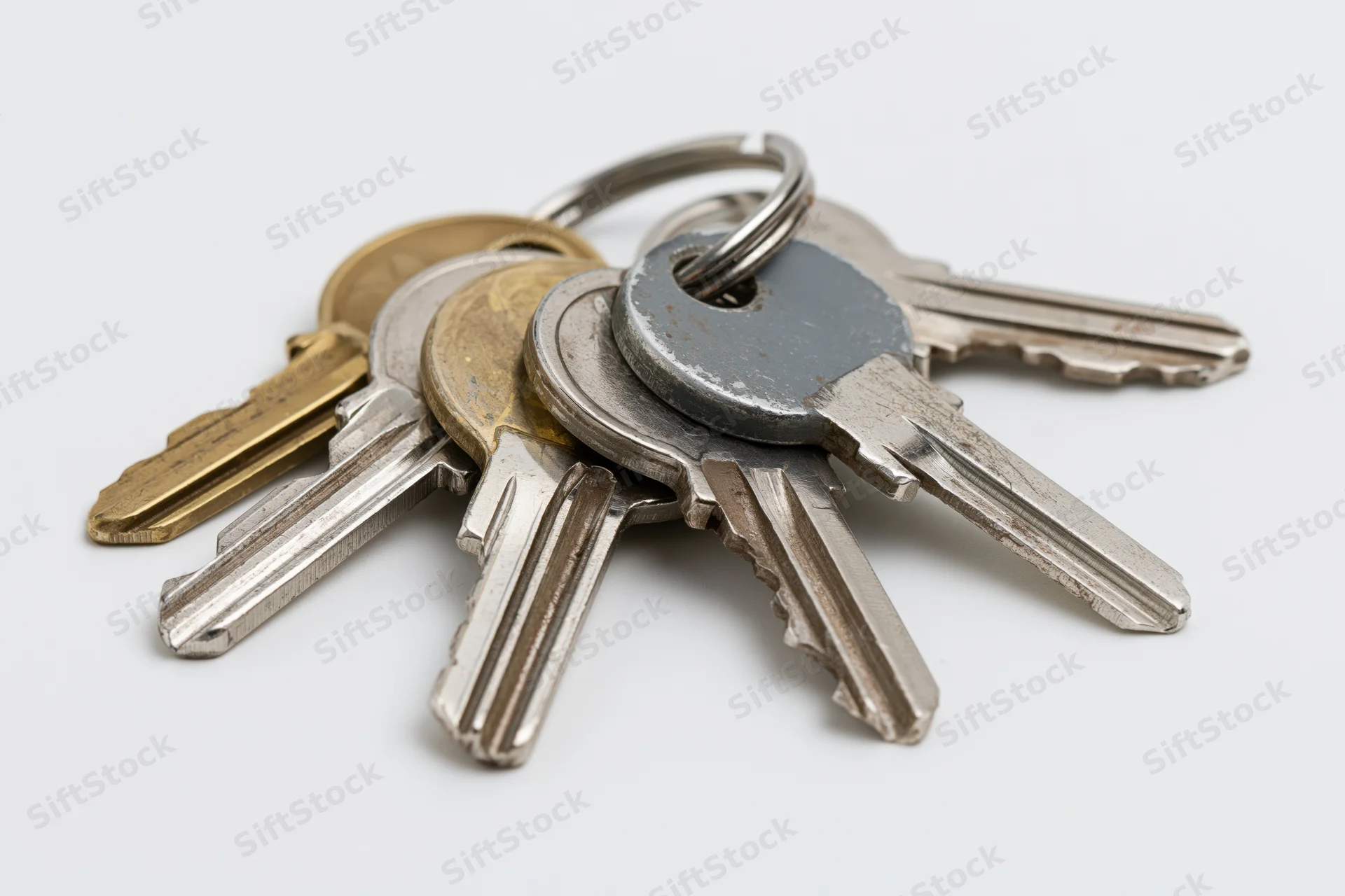 A small bunch of four assorted keys on a metal split ring fanned out on a white surface