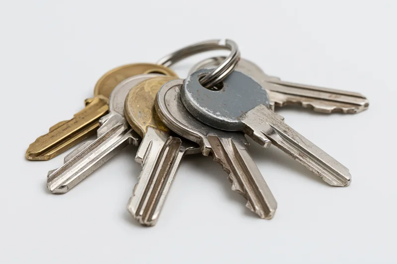 A small bunch of four assorted keys on a metal split ring fanned out on a white surface