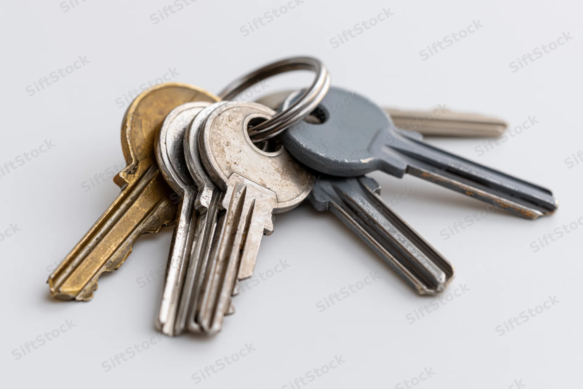 Four assorted keys on a metal split ring fanned out on a white surface