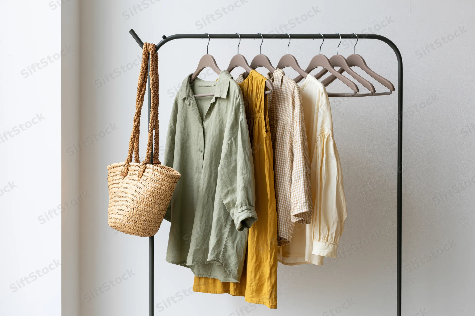 Clothing rack with linen and cotton garments and a woven straw bag against a white wall
