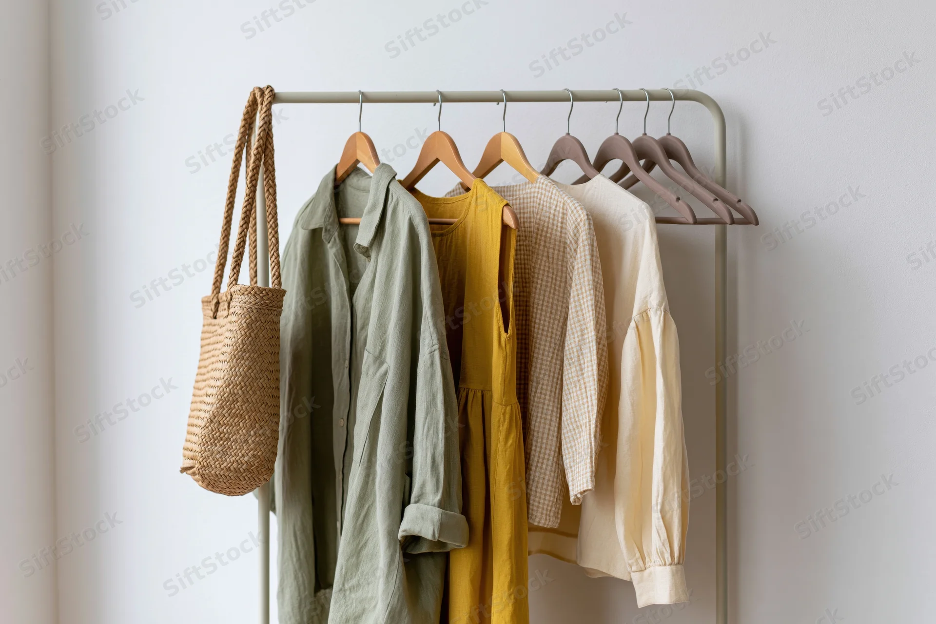 Clothing rack with linen and cotton garments and a woven bag against a white wall