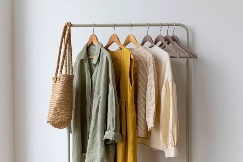 Clothing rack with linen and cotton garments and a woven bag against a white wall