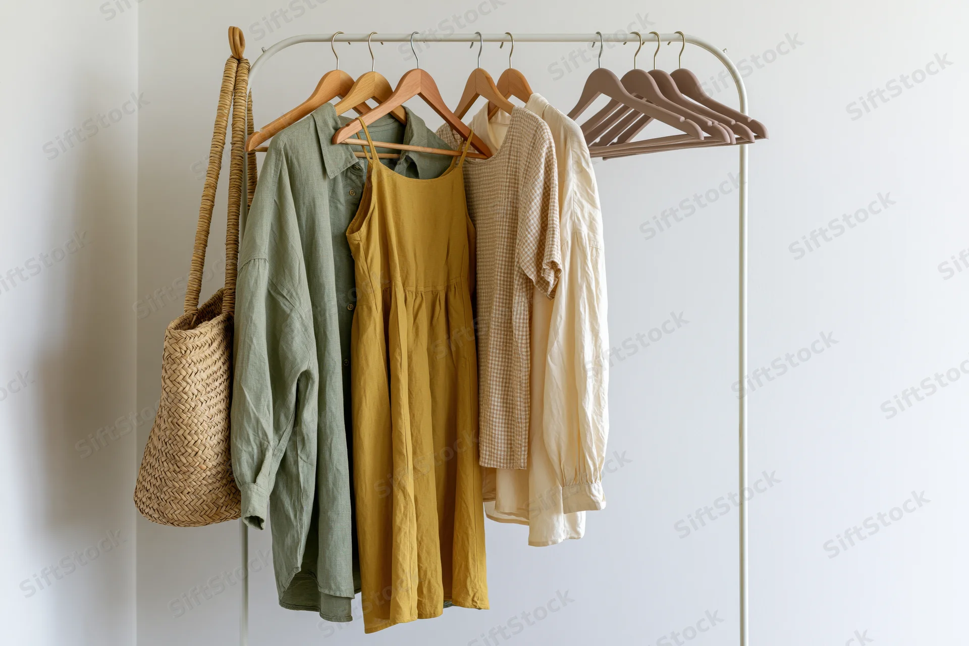Clothing rack with linen and cotton garments hanging on wooden hangers in a minimalist home setting