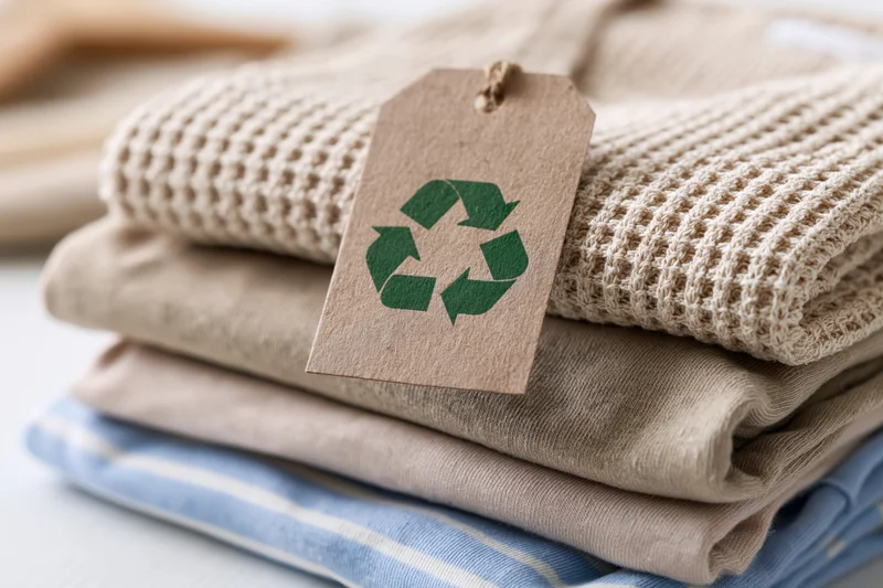 Folded natural fiber clothing with recycling tag on top
