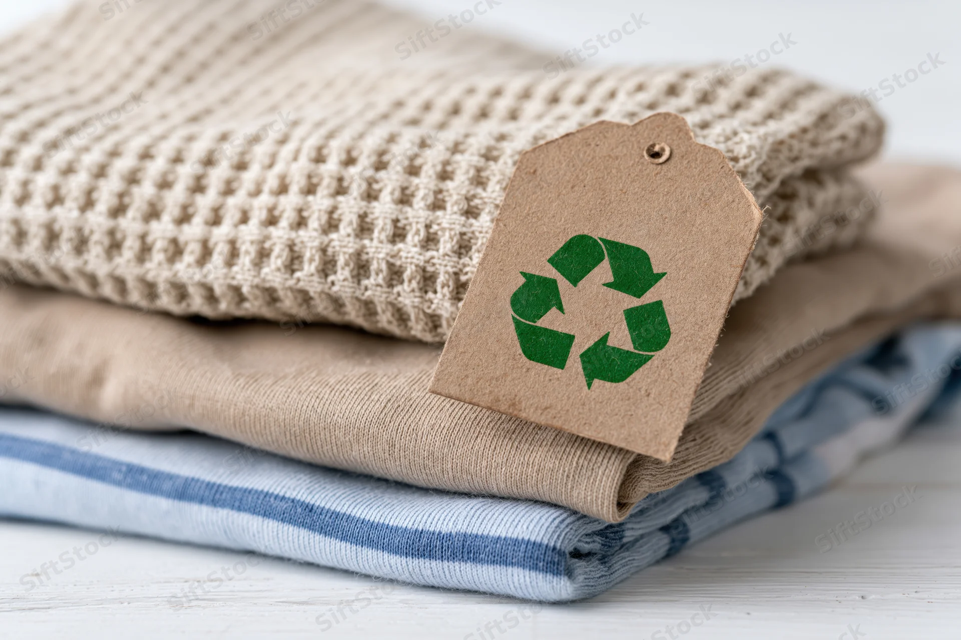 Folded sustainable clothing with recycling tag on white surface