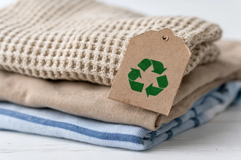 Folded sustainable clothing with recycling tag on white surface