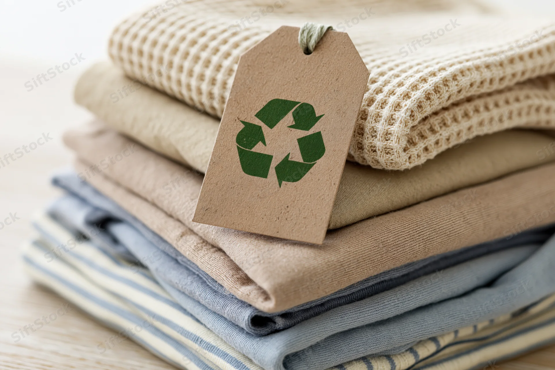Stack of folded clothes with recycling tag on wooden surface