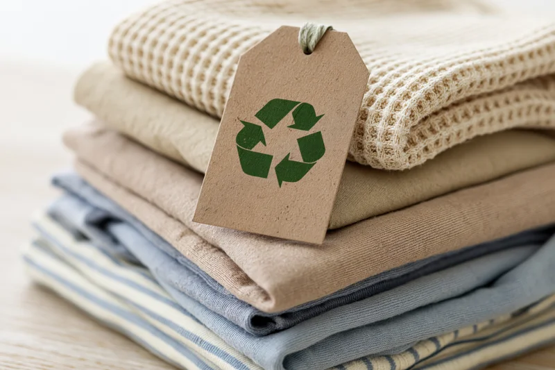 Stack of folded clothes with recycling tag on wooden surface