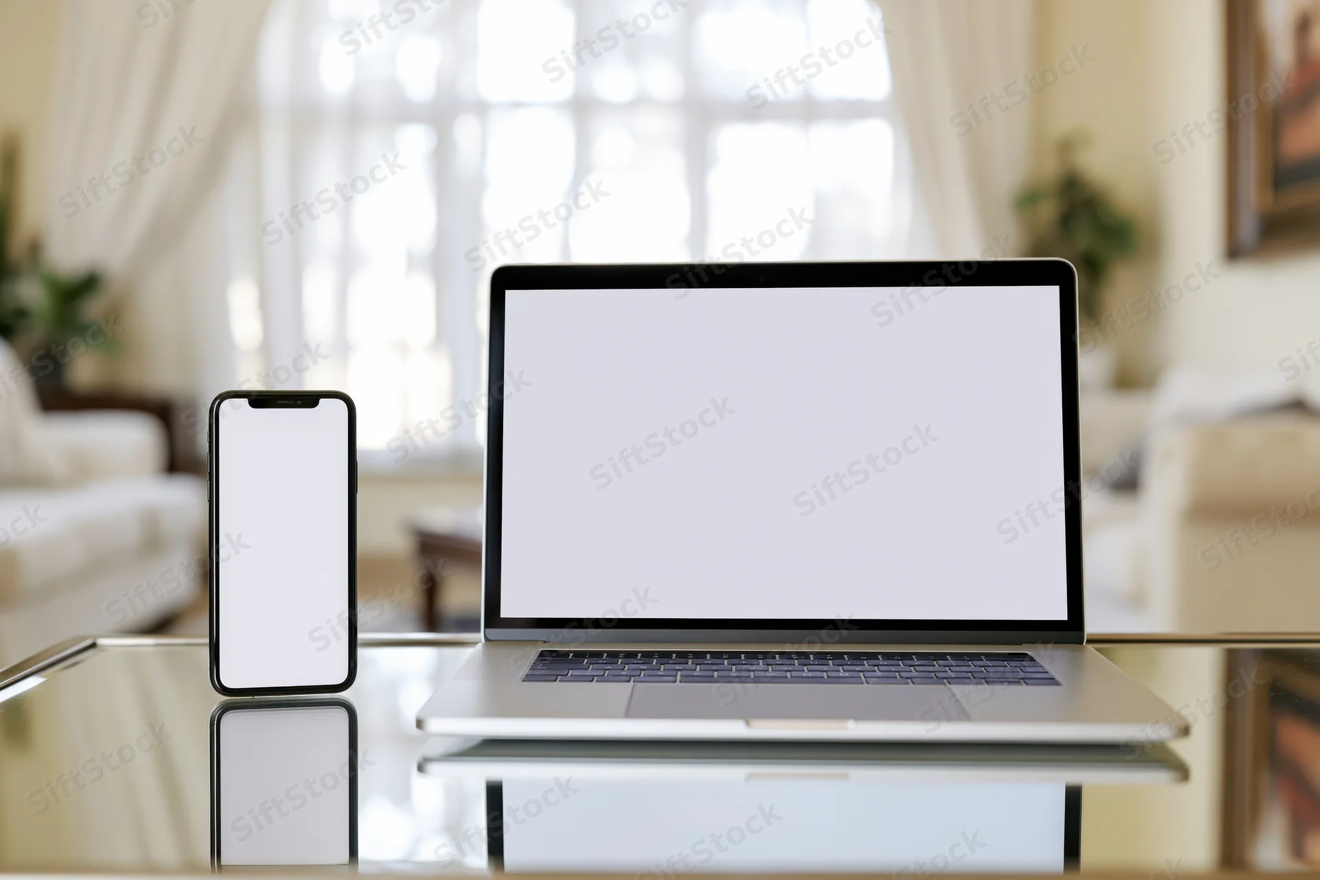Laptop and smartphone with blank screens on a reflective glass table in a living room